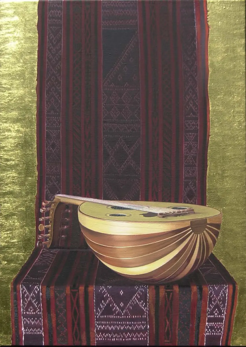 Oriental Harmony: Oud, Rug And Gold 105 x 75 cm, Öl und Blattgold auf Leinwand (1999/2000)