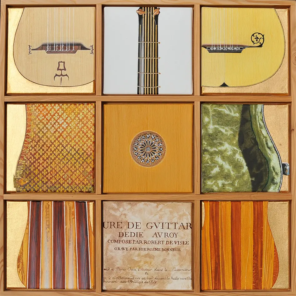 Early guitar series 9 mal 20 x 20 cm, Öl auf Leinwand (2013)