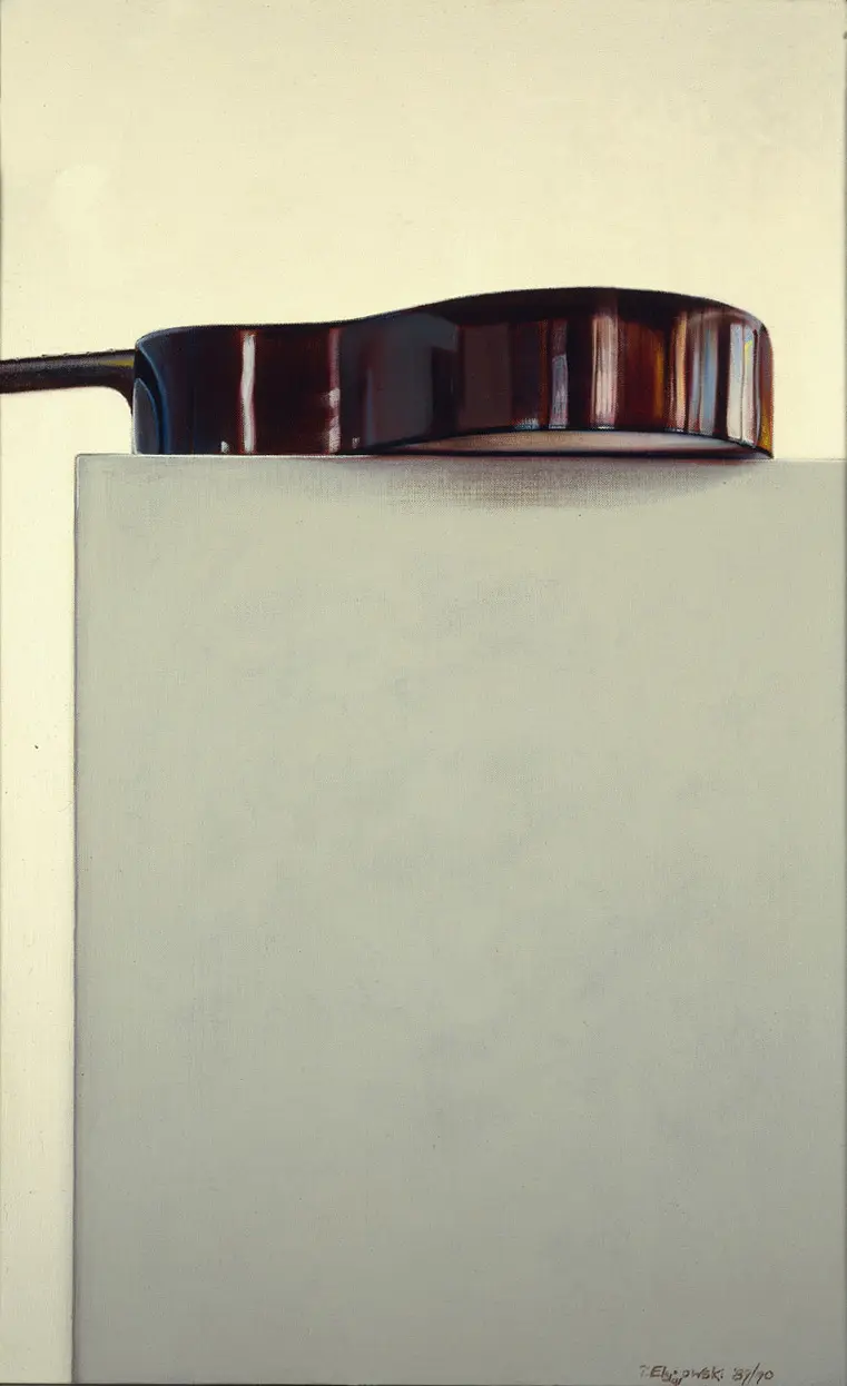 KONZERTGITARRE MIT ATELIER-SPIEGELUNG 100 x 60cm, Öl auf Leinwand (1989/90)
