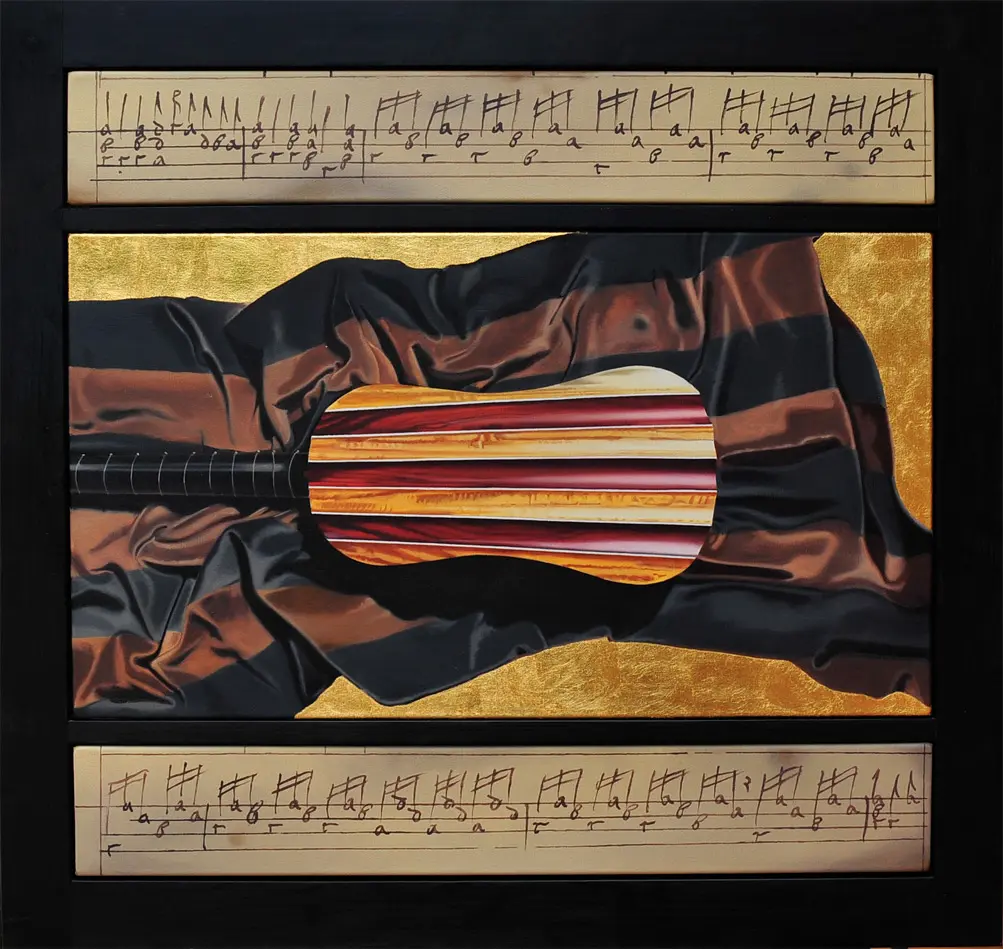 Renaissance Guitar 12,5 x 80 cm, 45 x 80 cm, 12,5 x 80 cm, Öl und Blattgold auf Leinwand (2007)