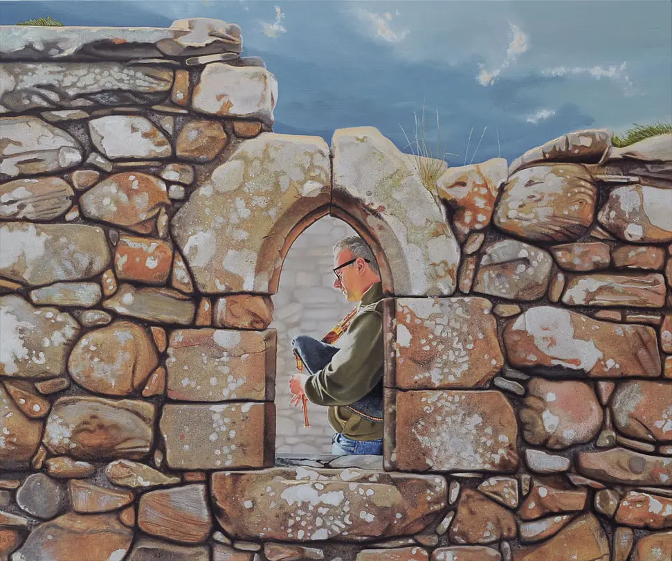 'The piper at Dunnottar Castle' (Scotland) 100 x 120 cm, Öl auf Leinwand (2015)