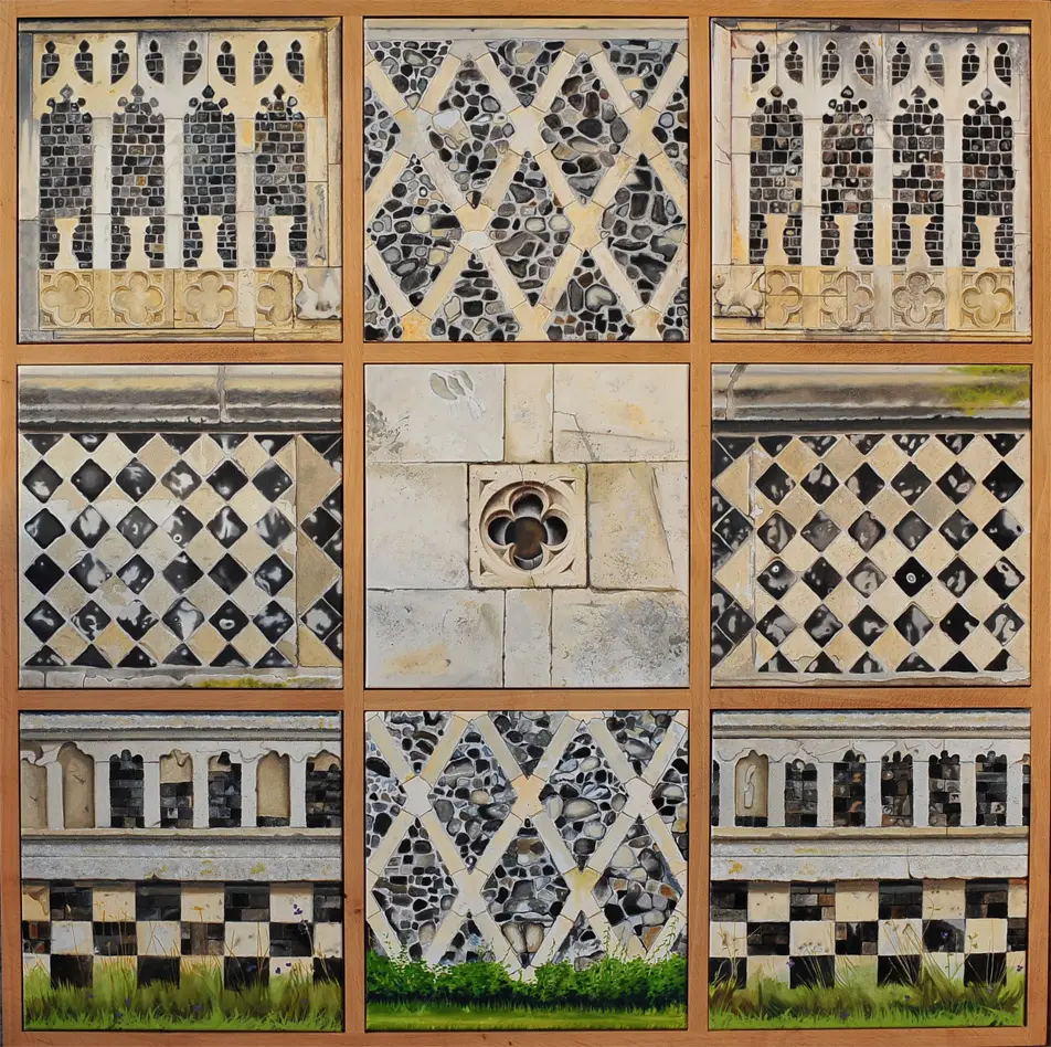 Norfolk church patterns 9 mal 50 x 50 cm, Öl auf Leinwand (2009/2010)